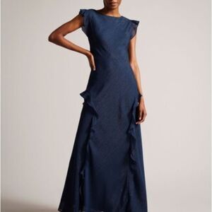 NWOT Ted Baker Laurae Bias Cut Ruffle Gown in Midnight Blue Shimmer